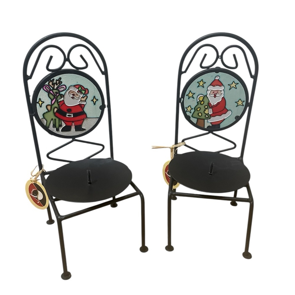 Vintage Stained Glass Santa Chair Shaped Candleholder - Set of 2